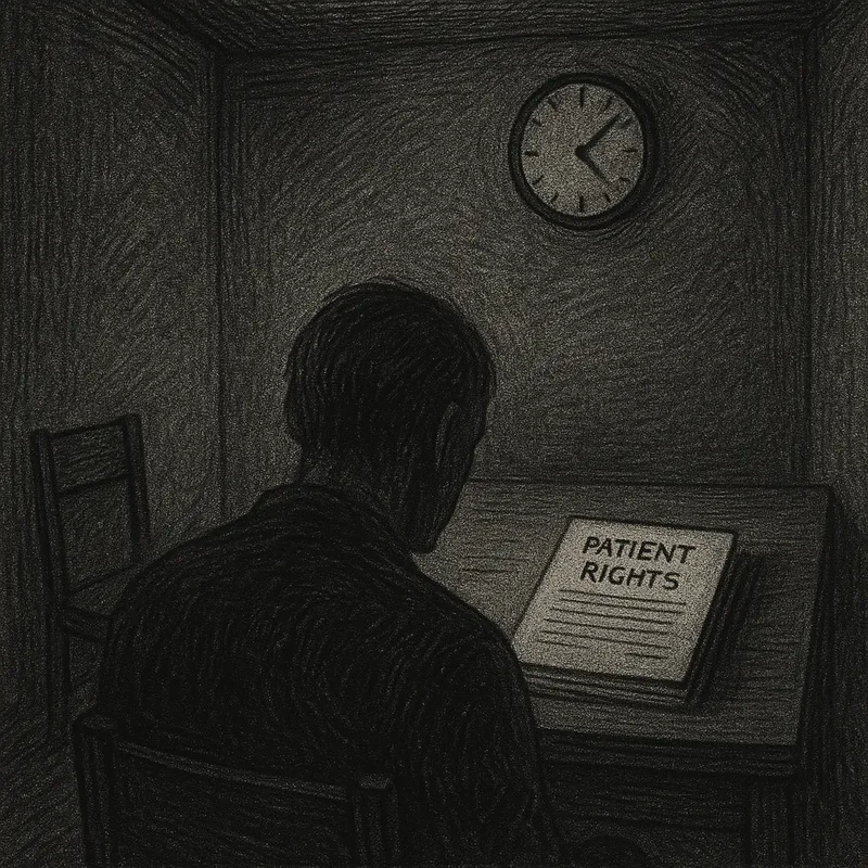 Dim Patient Room - A gray room with a quiet ambiance. On the desk lies an untouched stack of patient rights paperwork. The sound of a ticking clock adds to the heavy, dim atmosphere. - AI image generated with GPT Image - minimalist line art, grain effect, dark tones