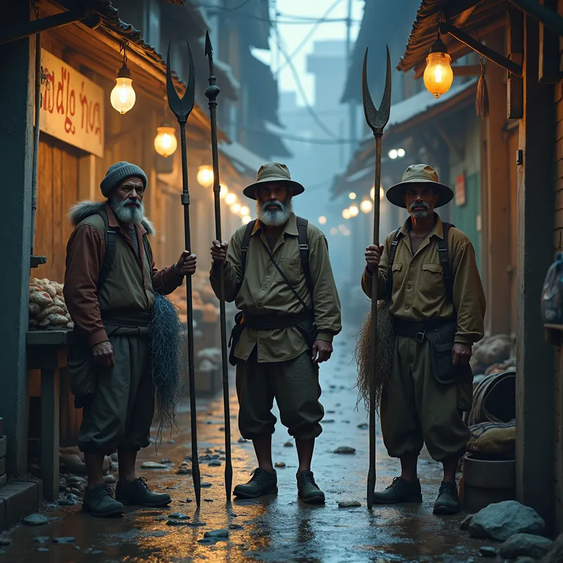 Dimly Lit Fishermen - Artwork of three shabby fishermen standing in a dimly lit fish market alleyway, with spears and netting in hand. The dim light highlights their worn clothes and rugged faces, painting a picture of resilience. - AI image generated with Photorealistic 2 - fantasy art