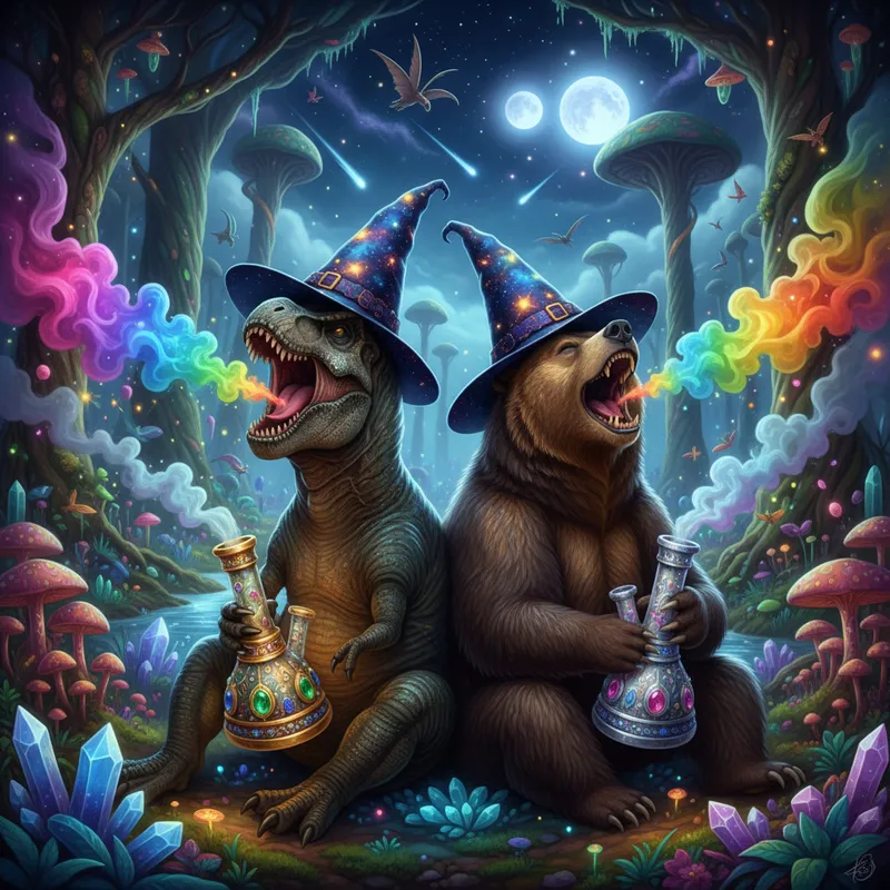 Dino-Bear Magic Party - An imaginative scene depicting a T-Rex and a grizzly bear, both dressed in vibrant, starry wizard hats, laughing together as they exhale colorful weed smoke from ornate bongs in a fantasy landscape. - AI image generated with Nano Banana