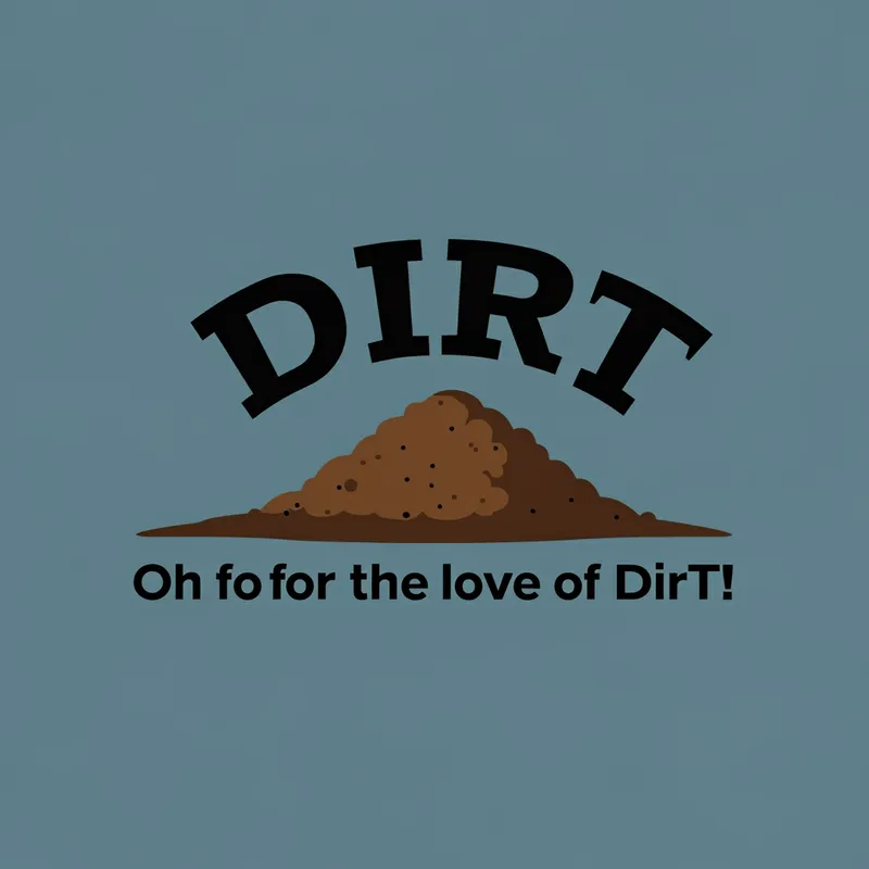 DirT Meme Logo: Oh for the love of DirT - Create a bold, clean meme-style logo on a solid steel blue background. At the top, place the word “DirT” in a strong black font, arched like a bow over a central mound of brown dirt. Make sure the capitalization is exactly: capital D, lowercase ir, capital T — “DirT”. The dirt mound should be rich brown, simple, clean, and centered beneath the arched word. Under the mound, add the phrase: “Oh for the love of DirT!” in clear black lettering. The overall look should feel bold, crisp, meme-inspired, and logo-like, with strong contrast and simple composition. - AI image generated with Imagen 3