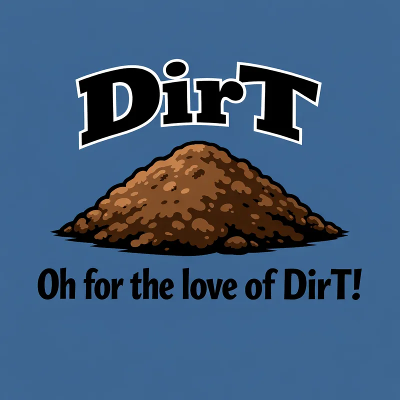 DirT Meme Logo: Oh for the love of DirT - Create a bold, clean meme-style logo on a solid steel blue background. At the top, place the word “DirT” in a strong black font, arched like a bow over a central mound of brown dirt. Make sure the capitalization is exactly: capital D, lowercase ir, capital T — “DirT”. The dirt mound should be rich brown, simple, clean, and centered beneath the arched word. Under the mound, add the phrase: “Oh for the love of DirT!” in clear black lettering. The overall look should feel bold, crisp, meme-inspired, and logo-like, with strong contrast and simple composition. - AI image generated with GPT Image