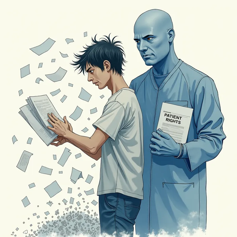 Disappearing Act - A delicate watercolor painting features an exhausted man in his 30s with messy hair, fading as his body disperses into medical paperwork. In the background, a faceless healthcare worker towers ominously, shredding papers marked 'Patient Rights.' Using muted blues and grays in a high contrast, the image symbolizes the systemic erasure faced by patients within the healthcare system. - AI image generated with Photorealistic 2 - Kaoru Yamada