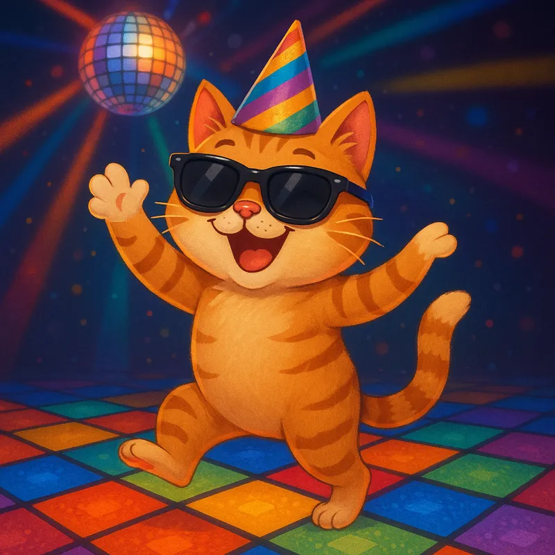Disco Cat in Shades and Party Hat - A cat wearing sunglasses and a party hat, dancing on a disco floor with colorful lights and a big smile on its face. - AI image generated with GPT Image