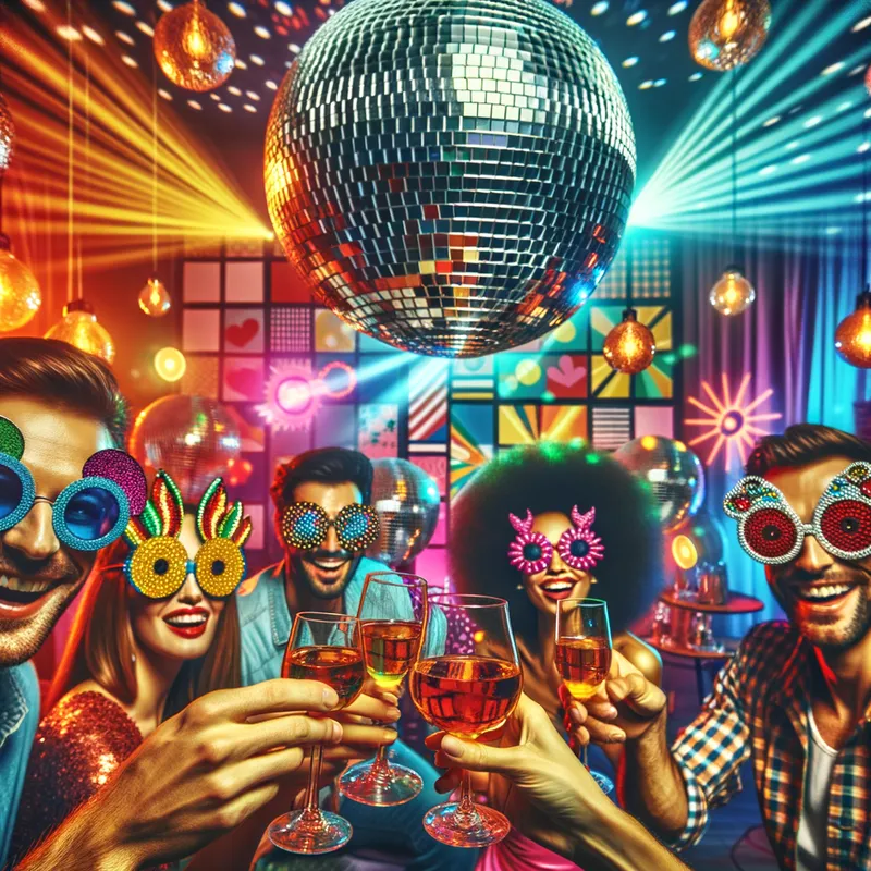 Disco Party Vibes - disco party decor disco ball lights glasses clinking - AI image generated with Art