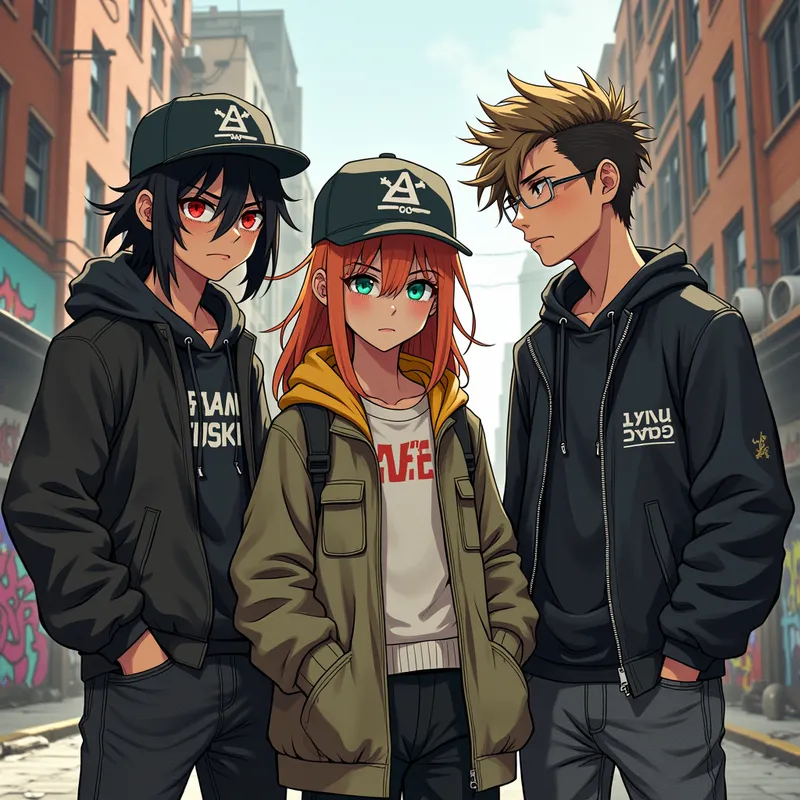 Disenchanted Urban Trio - An urban inner-city scene featuring three realistic anime characters dressed in trendsetting streetwear. Their shoulders are shrugged and faces show disgust as if saying 'I can't help you.' The background showcases a gritty cityscape with vibrant graffiti and worn-out buildings, reflecting the brand 'All Out Of Favors.' - AI image generated with Flux - dynamic pose, Luis Royo, J.M.W. Turner