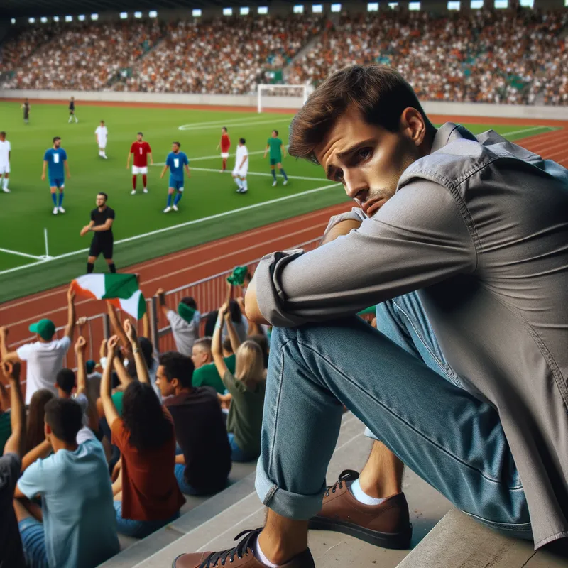 Disheartened Fan - At the edge of a bustling sports field, a man dressed simply sits with a crestfallen expression, his spirits dampened as spectators cheer on the ongoing game. - AI image generated with Art - over-the-shoulder