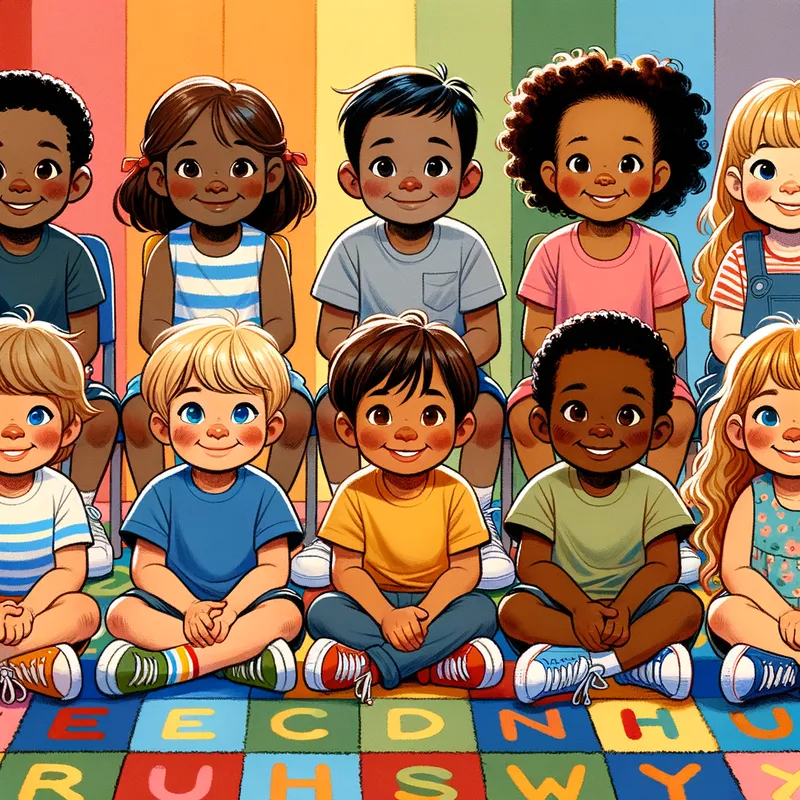 Diverse Little Ones - david wiesner inspired diverse, smiling 5 year old boys and girls sitting with legs crossed, hands folded, looking forward on an alphabet rug with a colorful background - AI image generated with Art - gouache technique, cartoony