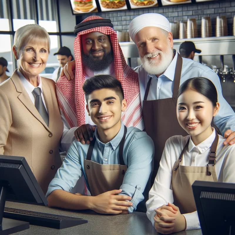 Diverse Workforce Collaboration - bridging the gap between employees that are diverse in culture and age. 2 older employees and 2 younger employees. The employees are very diverse in culture. Working together in a bustling modern fast food restaurant.  - AI image generated with Art