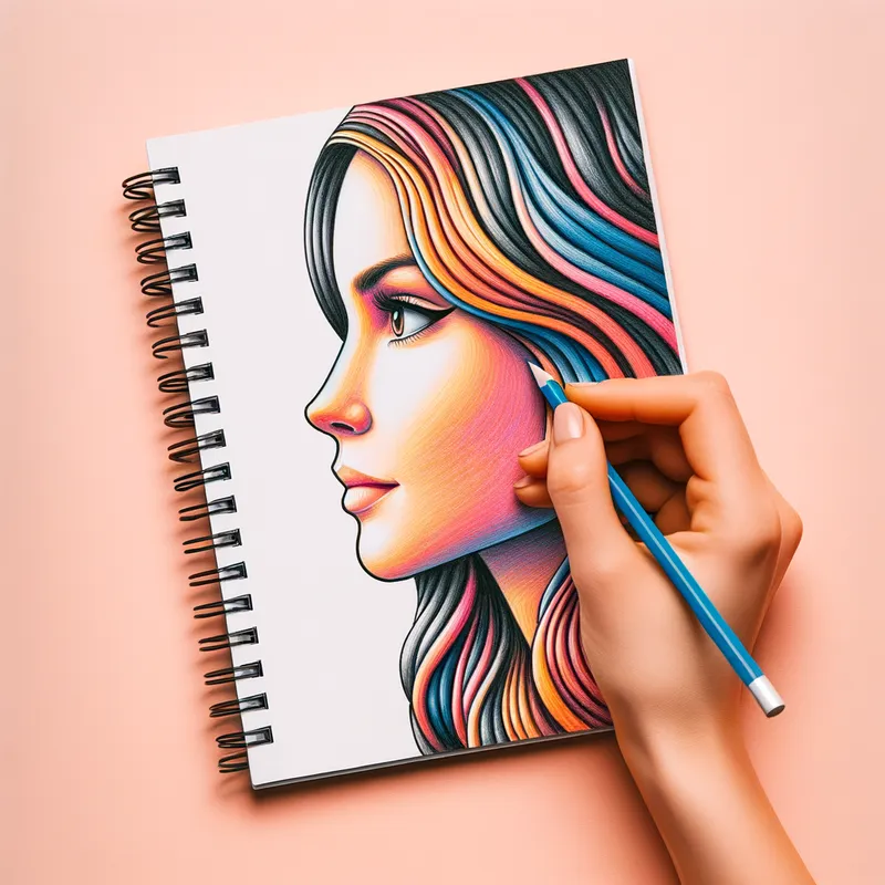 Divided Face - The right half of a whimsical woman's face is drawn in a white notebook with colorful. The real woman is standing behind the notebook, with the left half visible. - AI image generated with Art