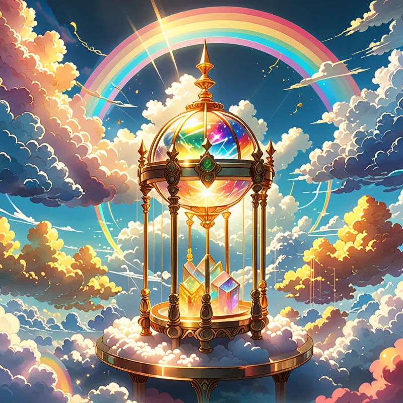 Divine Arcane Collection - Several magical objects with luminous rainbow glows resting among heavenly clouds and golden light, featuring elegant anime-style details and a fantasy atmosphere. - AI image generated with Fictional