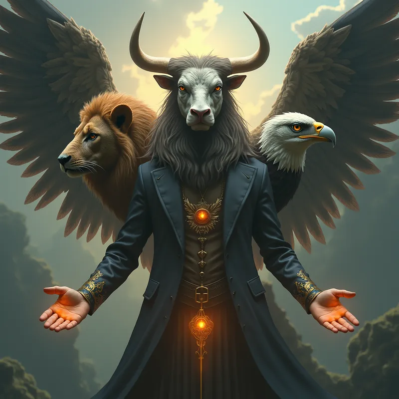 Divine Chimera - An enigmatic, winged chimera with the faces of a man, a lion, an ox, and an eagle, each exuding its own unique energy. Under its mystical wings lie human hands, glowing softly, adding to its divine and surreal appearance. - AI image generated with Photorealistic 2 - fantasy art