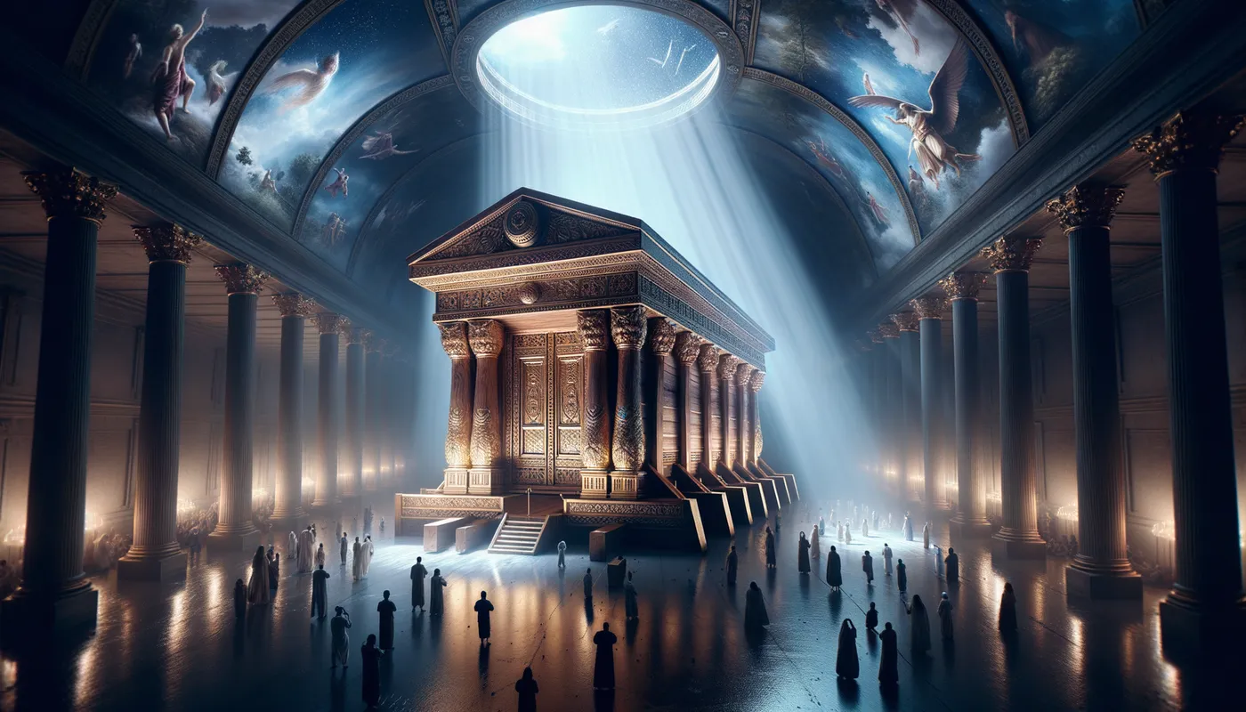 Divine Command - Generate an image of the ancient Ark as instructed by God, placed within the Holy of Holies. Capture its wooden essence overlaid with gold, meticulously following the measurements of 1.2 meters in length, and 0.7 meters in both width and height. Emphasize the sanctity of the space where the Israelites worship. - ethereal and inspirational, unique framing and composition, highlights: Nikon D700, Nikkor 50mm 1.8