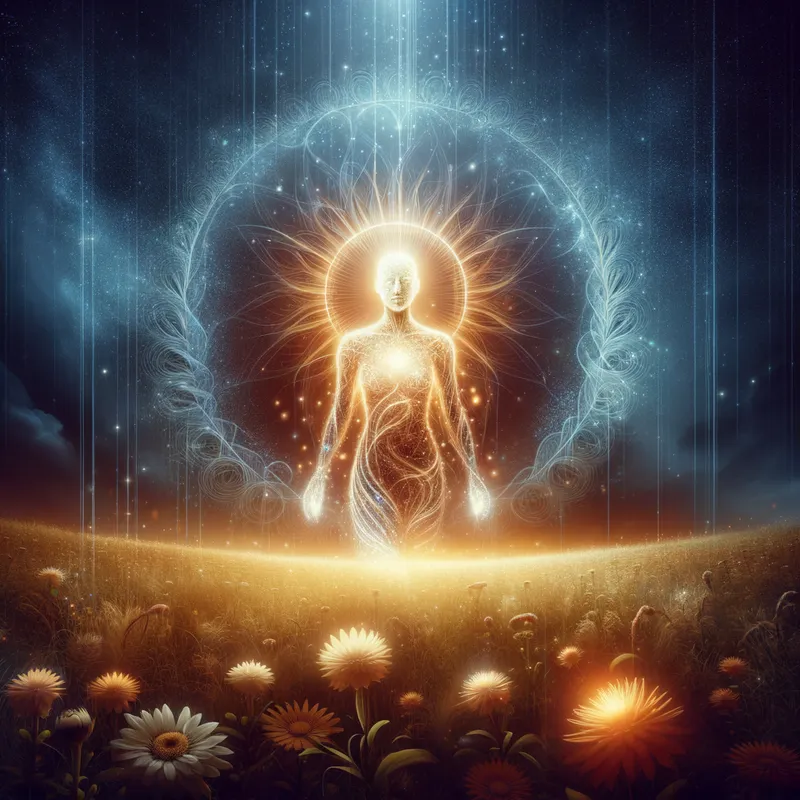 Divine Creation - A serene, radiant figure standing in a field of flowers, with a glowing aura surrounding them, symbolizing the divine craftsmanship of being 'fearfully and wonderfully made'. A celestial light shines down from the heavens, highlighting the beauty and intricate design of the person. - AI image generated with Art
