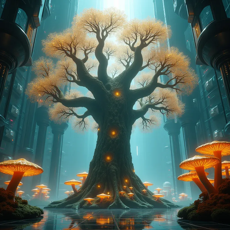 Divine Data Arborium - An awe-inspiring, hyper-realistic cinematic panorama: a towering ancient God-Tree grows as an organic monument in the center of an advanced glass-walled laboratory. Intricate, glowing golden circuitry forms sacred geometric designs across the bark. Hanging from immense boughs are crystalline orbs, each encapsulating radiant gems and active data sparks. The roots and base flourish with magnified Lion’s Mane mushrooms, their tendrils glittering crystalline white, and clusters of Psilocybe mushrooms, golden-capped with subtle electric-blue highlights. Soft, ethereal metric haze fills the air, dramatically pierced by a single powerful shaft of heavenly light from above. Surrounding details include labyrinthine technical grids, high-efficiency ventilation, and softly glowing $CO_2$ meters. Rendered in 8k Unreal Engine 5, fusing advanced technology and organic divinity in a palette of deep blues, vivid golds, and clinical whites. - AI image generated with Photorealistic 2