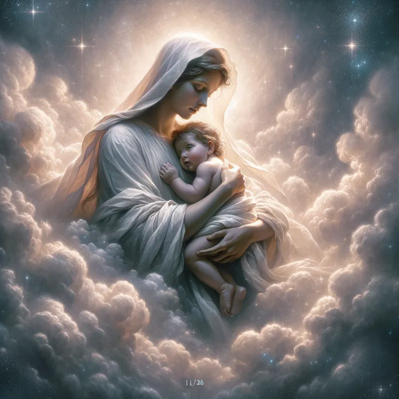 Divine Guardian - Jesus, dressed in flowing white robes, holding a baby close in the clouds of heaven. A gentle aura surrounds them with the date 11/28 faintly visible among the stars. - AI image generated with Art