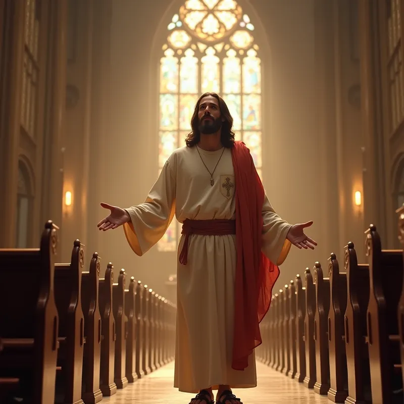 Divine Invitation in the Church - Jesus Christ, depicted with a kind and compassionate expression, stands in a majestic church aisle, arm reaching out towards the observer. The background features elegant pews, intricate stained glass, and a radiant glow highlighting the scene’s holy and inviting atmosphere. - AI image generated with Photorealistic 2