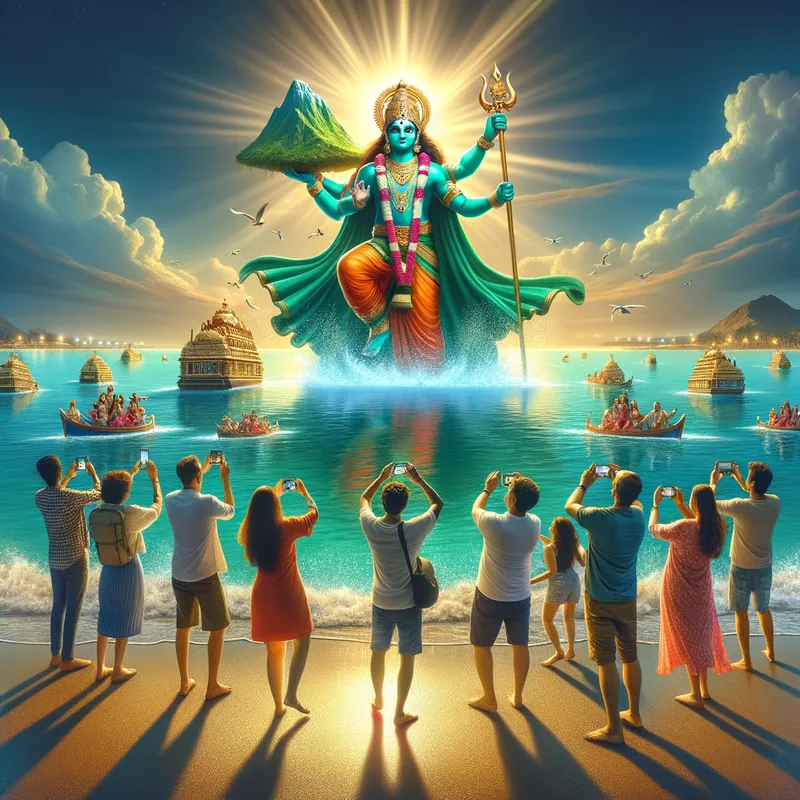 Divine Krishna in the Sea - A vivid scene of Lord Krishna standing gracefully in an open sea, holding a lush, green mountain above his head. In the foreground, tourists stand along the shore, joyfully taking selfies and capturing this divine moment. The scene radiates a spiritual glow with serene blue waters, a hint of golden light, and a festive atmosphere, blending traditional divinity with modern, joyful tourism. - AI image generated with Art