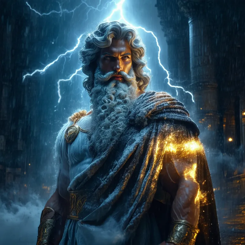 Divine Lightning - Majestic Zeus amid a violent tempest, surrounded by cascading arcs of lightning, highlighting his supremacy and godly presence. - deserted street at night, dynamic pose, fantasy art