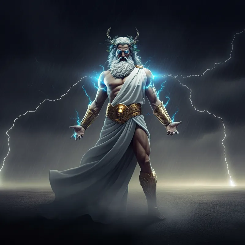 Divine Lightning - Majestic Zeus amid a violent tempest, surrounded by cascading arcs of lightning, highlighting his supremacy and godly presence. - AI image generated with Imagen 3 - deserted street at night, dynamic pose, fantasy art