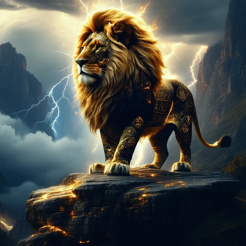 Divine Lion: Majesty in the Storm - A majestic lion with a golden mane, standing on a rocky cliff under a stormy sky, with beams of divine light shining down on it. The lion has a regal and wise expression, with ancient symbols glowing on its fur. The background features a dramatic landscape with mountains and lightning, adding a sense of awe and reverence.