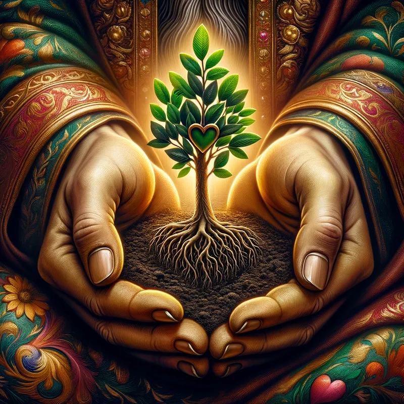 Divine Nurture - Jesus's hands gently cupped, cradling a small, flourishing tree with heart- shaped roots nestled in rich, dark soil, radiating a soft, divine glow. - AI image generated with Art - colorful, intricate details