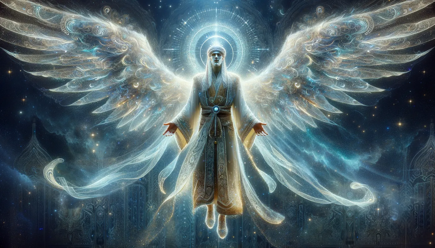 Divine Protector - An ethereal figure resembling an arabic man with a celestial glow, standing tall with wings unfurled, clad in traditional attire with intricate, luminous patterns. - AI image generated with Art