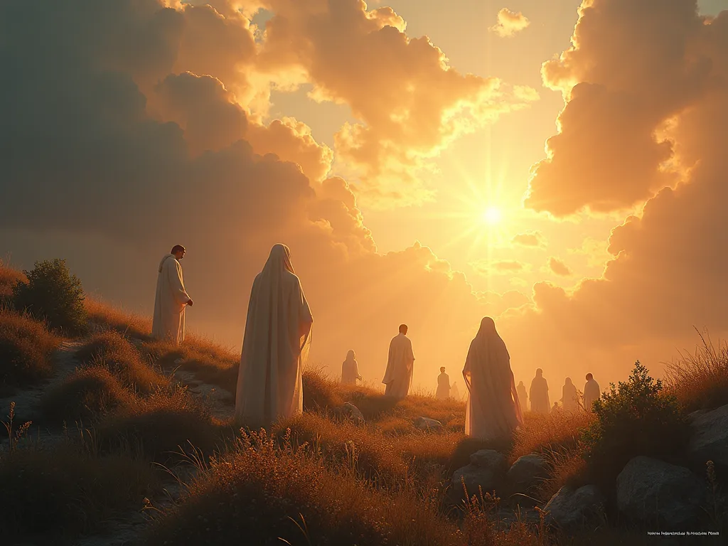 Divine Resurgence - An inspiring image of the promise of resurrection, showing souls rising from their rest upon hearing the Son of God's call. The landscape blends earthly features with spiritual motifs, exuding serenity and vitality. The words 'Very truly I tell you, a time is coming and has now come when the dead will hear the voice of the Son of God and those who hear will live' are seamlessly incorporated. - AI image generated with Text - photorealistic, surrealismus