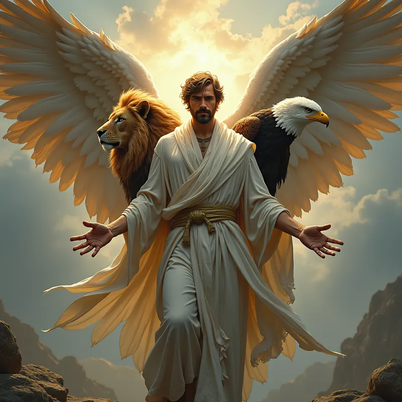 Divine Sentinel - An otherworldly angelic figure with four powerful wings and four distinct faces: a man, a lion, an ox, and an eagle, each representing different virtues. - AI image generated with Photorealistic 2