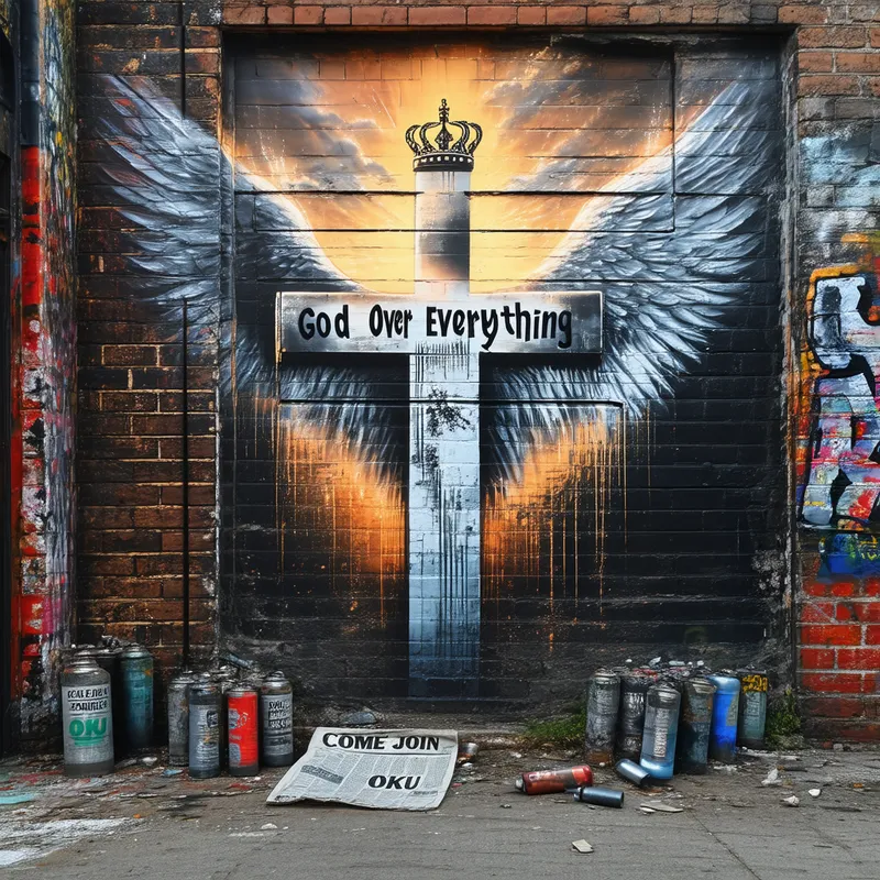 Divine Sunrise Graffiti in the City - Create a digital reality graffiti scene of a cross with angel wings and an imperial crown that says "God Over Everything" on the side of a tattered old brick building in the heart of a city. Include piercing sunlight as a sunrise on the horizon, empty spray paint cans on the ground, and an old newspaper on the ground that says "COME JOIN OKU". Ensure the image is in a 1x1 format.
