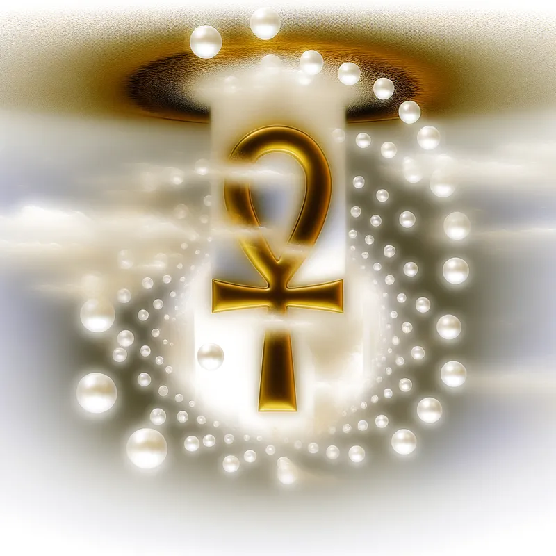 Divine Symbol - An abstract depiction of a golden ankh encircled by floating white pearls, creating a mystical and surreal atmosphere. - AI image generated with Art