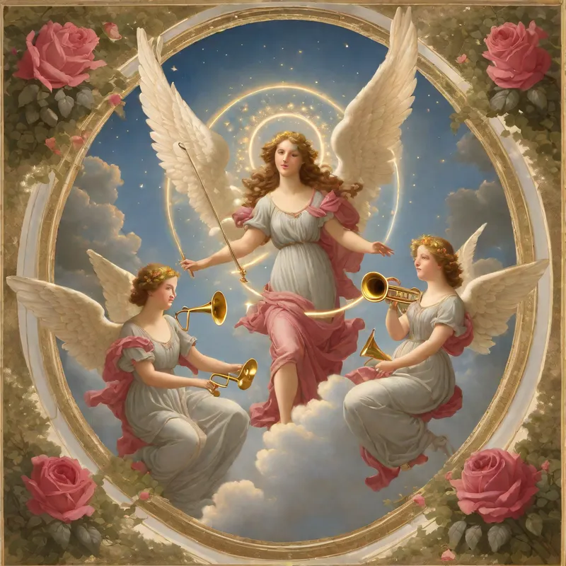 Divine Union - A celestial depiction of a love heart floating with angels playing trumpets, celebrating the union of Maggie and Darryl. The image features a tranquil heavenly background adorned with roses. - AI image generated with Fictional