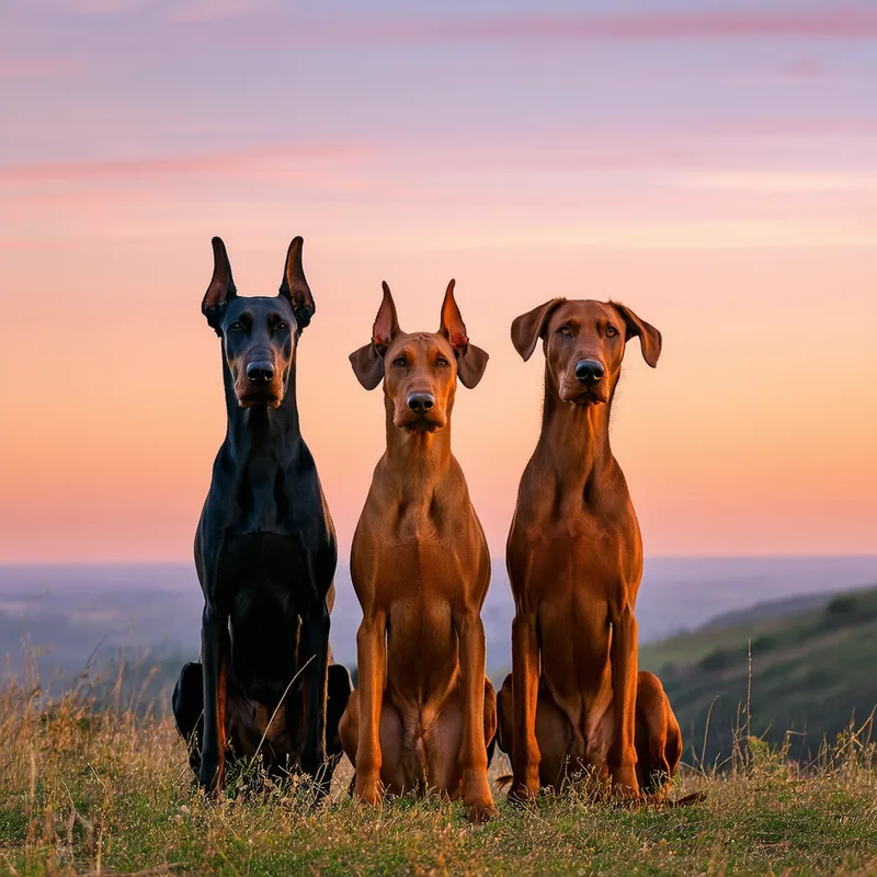 Doberman Trio at Dawn - An early morning scene features three Dobermans of varied hues — a black, a fawn, and a red. They are poised together on a hill as the sunrise paints the sky in shades of pink and orange, highlighting the distinct colors of their coats.