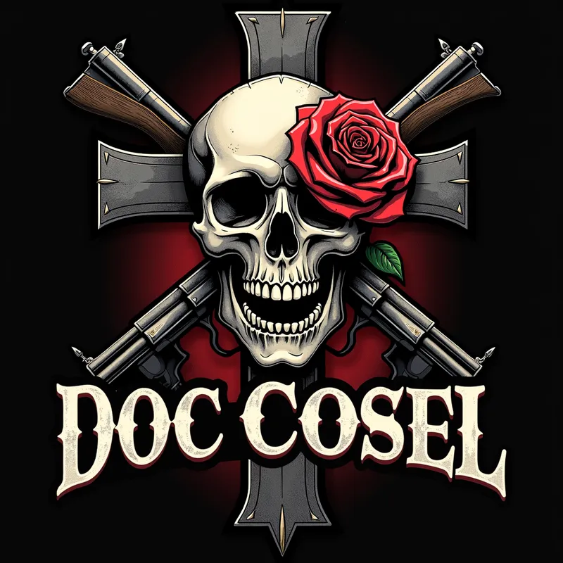 Doc Cosel's Eternal Vigil - A stark image featuring a skull partially wrapped in a blooming rose. A cross is prominently displayed with a pistol overlaid, creating a backdrop for the name 'Doc Cosel' in bold lettering. - AI image generated with Photorealistic 2