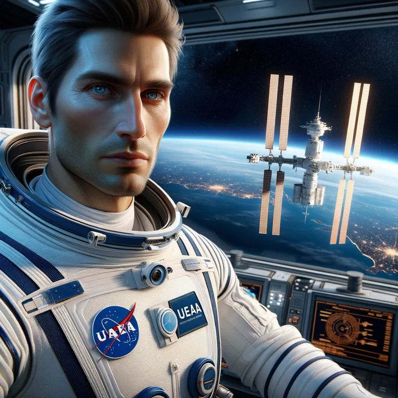 Docking at the Space Station - A tall blue-eyed astronaut wearing a pristine white uniform with a UAEA badge maneuvering towards a futuristic space station set against the backdrop of Earth and distant stars. - AI image generated with Art