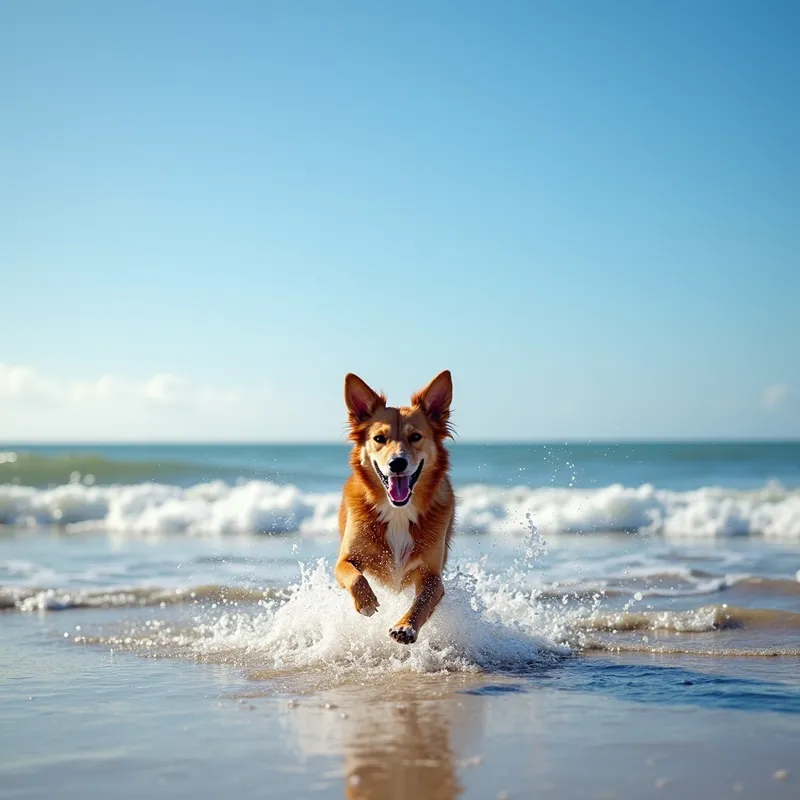 Dog Beach Day - A joyous scene of a dog running along the shore, splashing in the waves under a clear blue sky at the beach. - AI image generated with Photorealistic 2