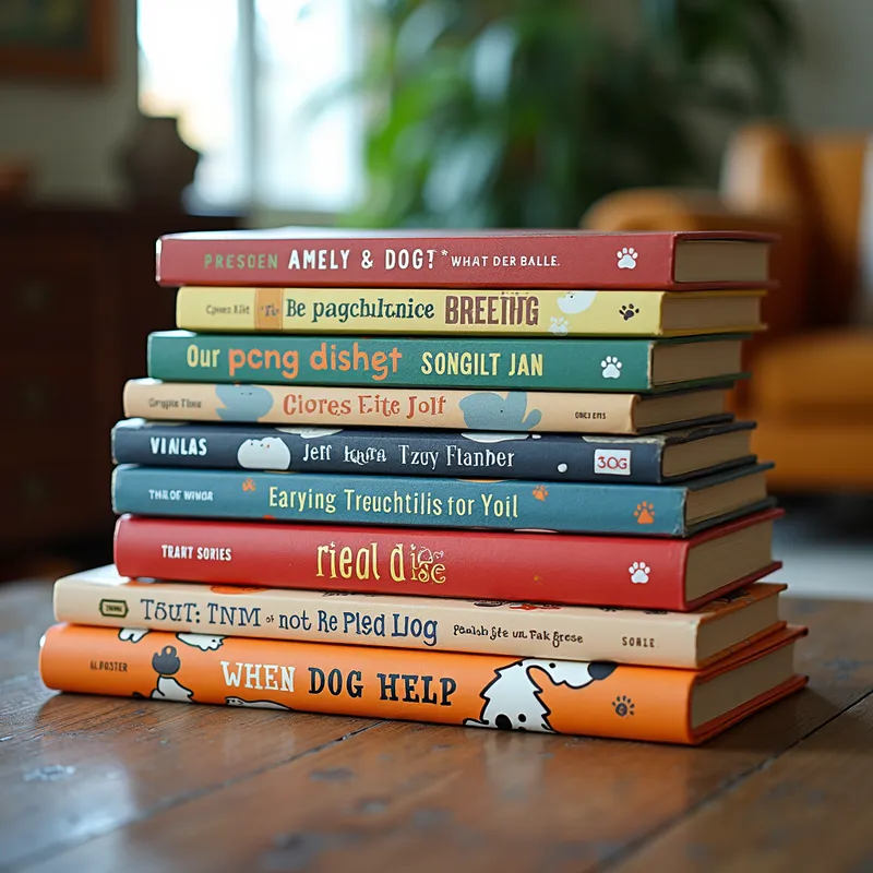 Dog Themed Book Stack - A neatly arranged stack of books, each with colorful covers featuring dog-related themes and illustrations. The titles on the spines may include topics such as dog training, breeds, fictional dog stories, and puppy care. The background should be a cozy, well-lit room with a hint of a reading nook or a comfortable chair nearby. - AI image generated with Photorealistic 2