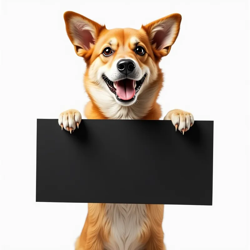 Dog with Black Sign - A cute dog standing on its hind legs, holding a black sign with both paws. The dog appears cheerful and has a friendly expression. The background is simple and does not distract from the main subject of the image. - AI image generated with Photorealistic 2