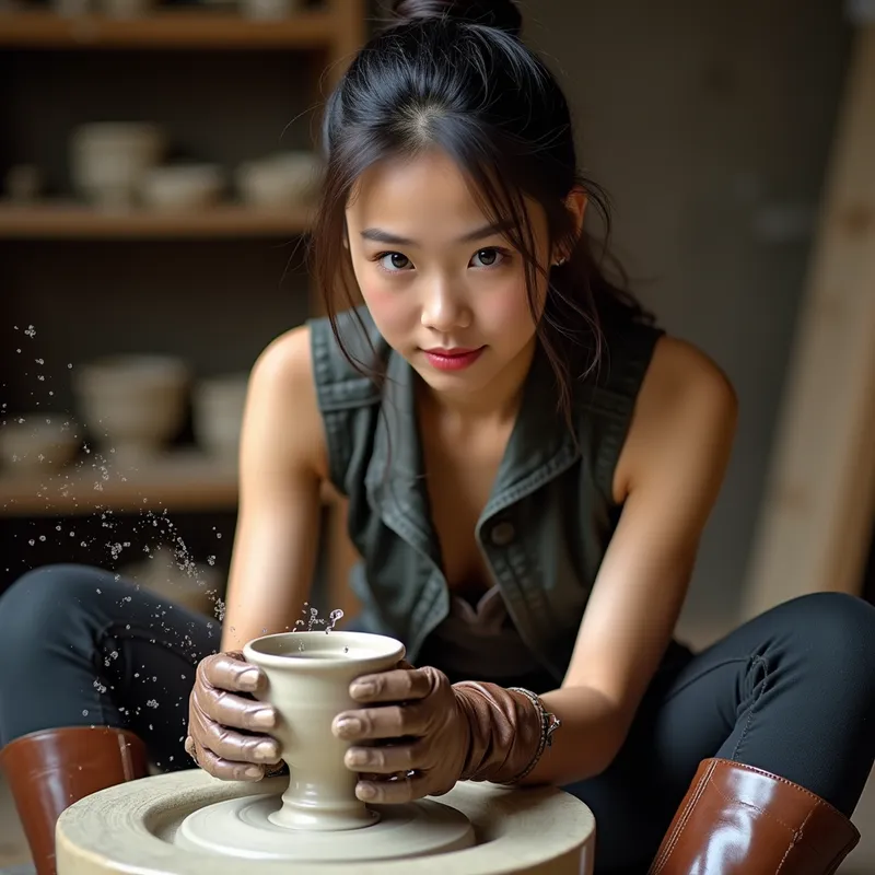 Dominant Asian Girl Potter - A beautiful Asian girl wearing a stylish vest and shiny, stiff brown leather gloves, paired with matching brown leather boots and sleek pants. She is dominating in demeanor, working with clay at a pottery wheel, shaping a 14cm high and 3cm wide tube. Water splashes onto the pottery, droplets frozen in the air. Her direct, powerful gaze shows her command of the process. - AI image generated with Photorealistic 2