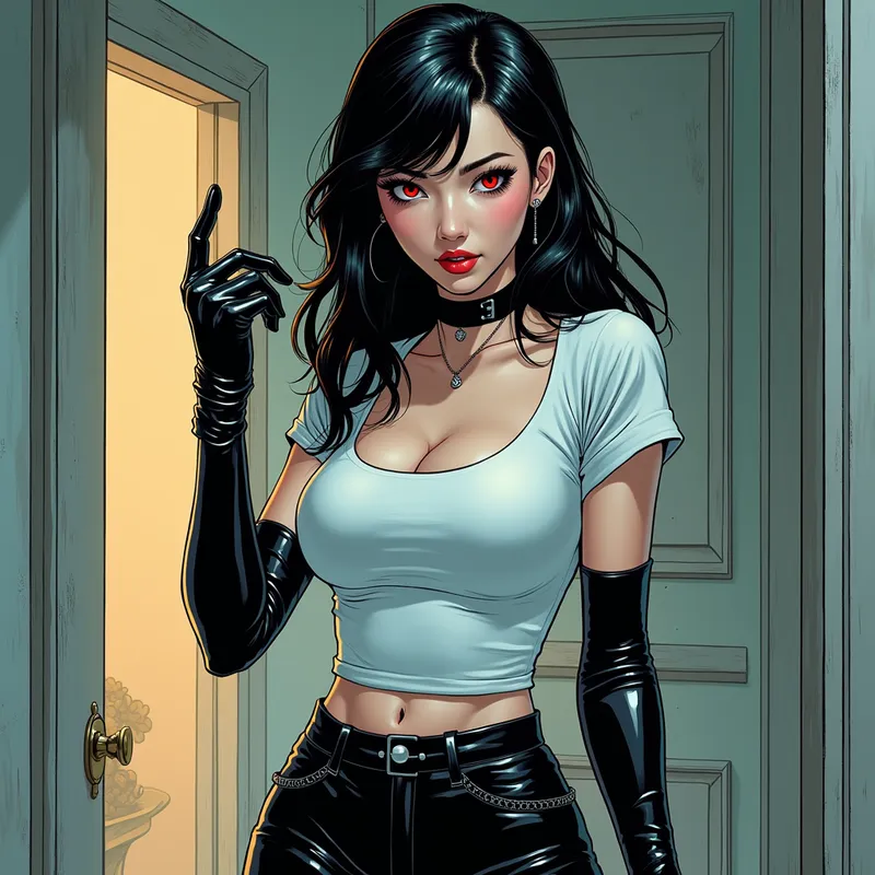 Dominant Cyborg in Leather - In a richly colored manga scene, a beautiful Chinese woman with cyborg features looms above, wearing a revealing white t-shirt, sleek black leather gloves, and matching glossy riding boots and pants. Her red eyes glare with icy cruelty as she searches for a target in a modern home setting. Highly detailed, shiny leather contrasts with her smooth, pale skin. - AI image generated with Photorealistic 2