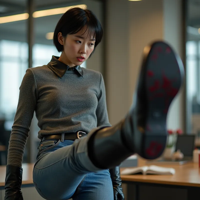 Dominant Glance in the Office - A beautiful young Chinese woman with short hair, dressed stylishly in a woolen pullover, tight jeans, and authentic tall riding boots made of glossy black leather. Wearing black shiny leather gloves, she looks down with a scornful expression after delivering a kick. The office background is blurred, her boot sole dominates the foreground, splattered with red liquid. - AI image generated with Photorealistic 2