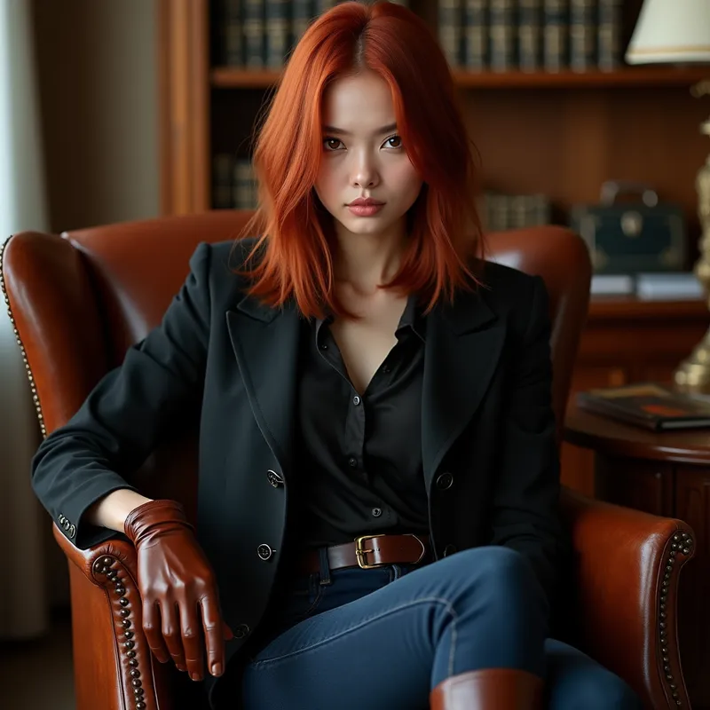 Dominant Scarlet Gaze - An exquisite Asian young woman with porcelain skin, piercing red eyes, and waist-length red hair partially obscuring her face. Dressed in a tailored black leather overcoat, smooth straight brown leather gloves, slim dark blue jeans, and glossy brown equestrian boots, she is seated confidently in an elegant office, staring at the observer with commanding presence. - AI image generated with Photorealistic 2