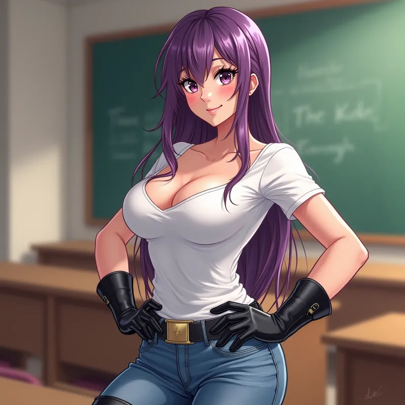 Dominant Violet-Haired Thai Student - Illustrate a beautiful Thai girl with purple hair and a generous figure in a classroom. She wears a plunging white t-shirt, shiny leather gloves, blue jeans, and tall black riding boots tucked with jeans. She gazes at the viewer with a commanding, playful smile, radiating confidence and dominance. - AI image generated with Photorealistic 2