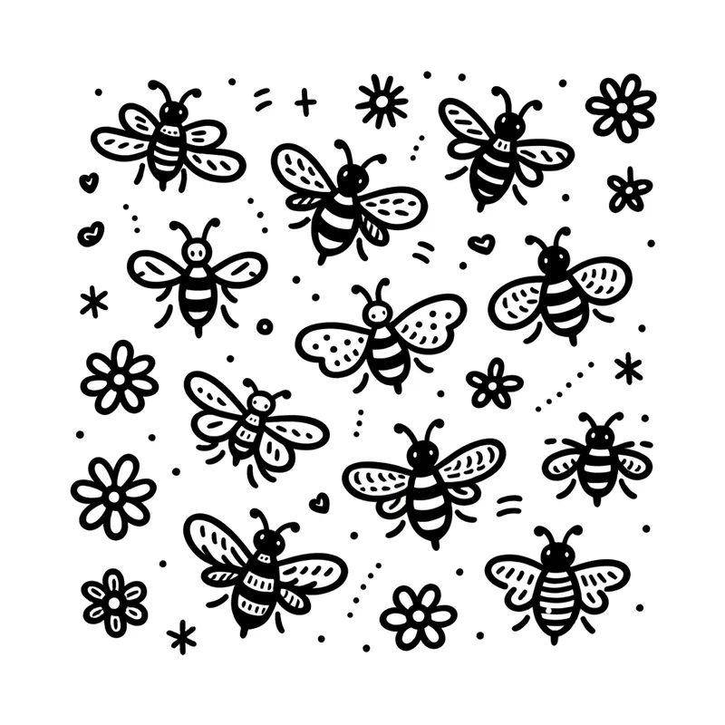 Doodle: Bees in Flight - simple clipart of black and white picture of bees flying in the air - AI image generated with Art - doodle