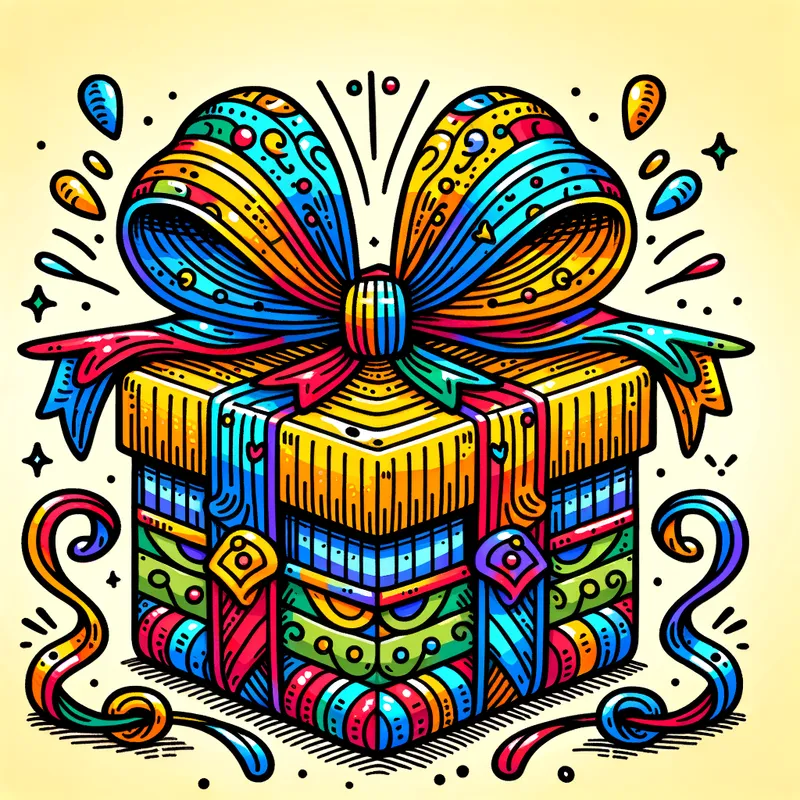 Doodle Gift Delight - A joyous and colorful gift box with a base color of #d71269, embellished with a glowing ribbon and an intricately tied bow in #f45d20. The drawing takes on a doodle style, brimming with charm and cheerfulness. - AI image generated with Art