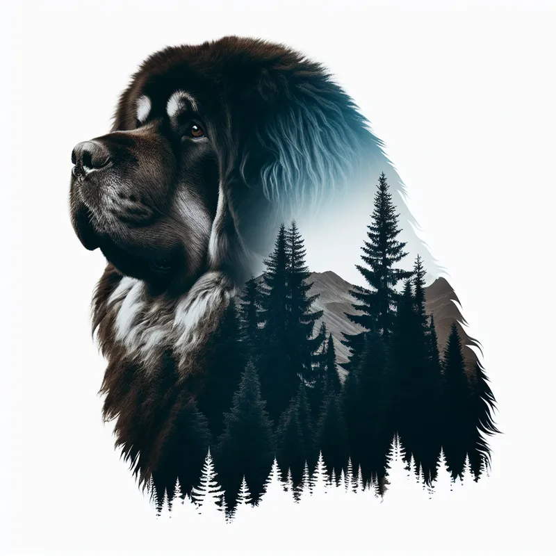 Double-Exposure Tibetan Mastiff & Pine - A Tibetan Mastiff dog and a pine tree - AI image generated with DALL-E 3 - photorealistic, double exposure