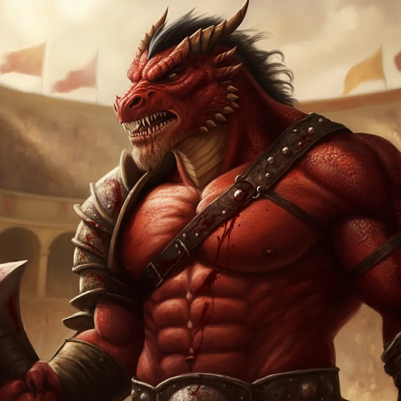 Draconic Gladiator - A fierce red dragonborn gladiator, tall and incredibly buff, in the midst of an arena battle. His muscular frame is covered in blood and sweat, capturing the ferocity and intensity of combat. - AI image generated with Imagen 3