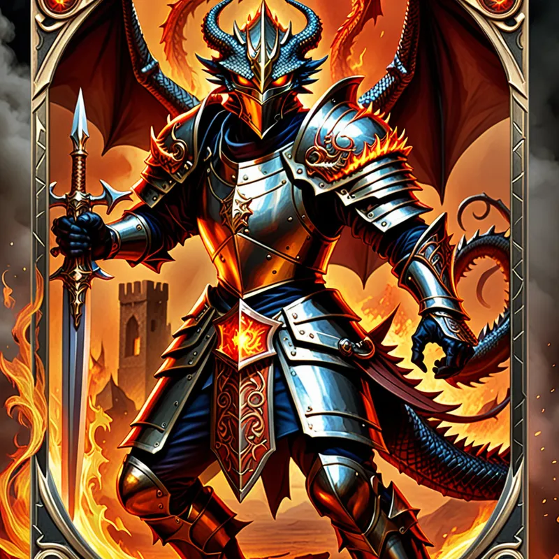 Dragon Sigil Duelist - A vertical fantasy card-style image sized like a standard trading card, featuring a fierce armored duelist with a dragon emblem shield, fiery background, intricate fantasy details, bold focal composition, cinematic lighting, highly polished collectible card artwork - AI image generated with Fictional