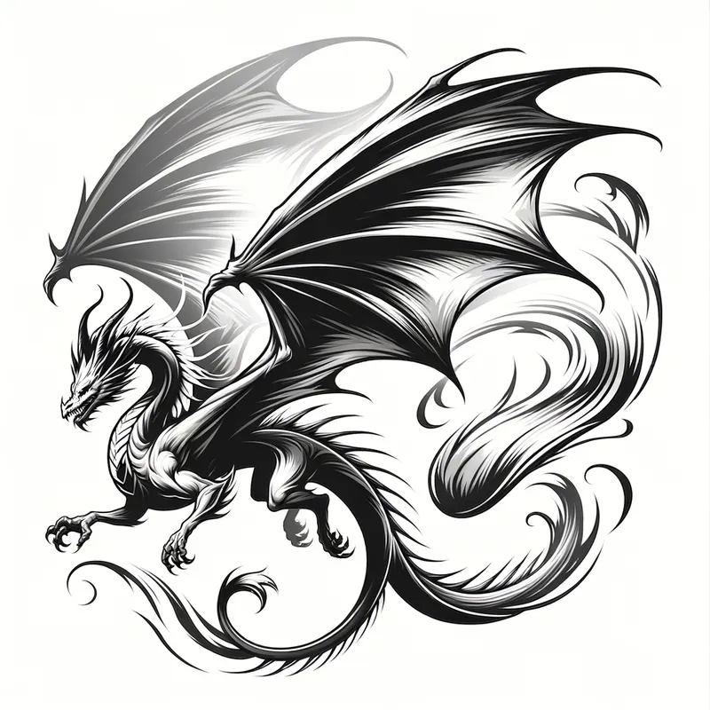 Dragon's Aerial Grace - Looking down upon a dragon in flight, with its magnificent wings catching the wind. This realistic 2D representation is tailored for a tattoo, emphasizing the elegance of its airborne movement. - AI image generated with Art