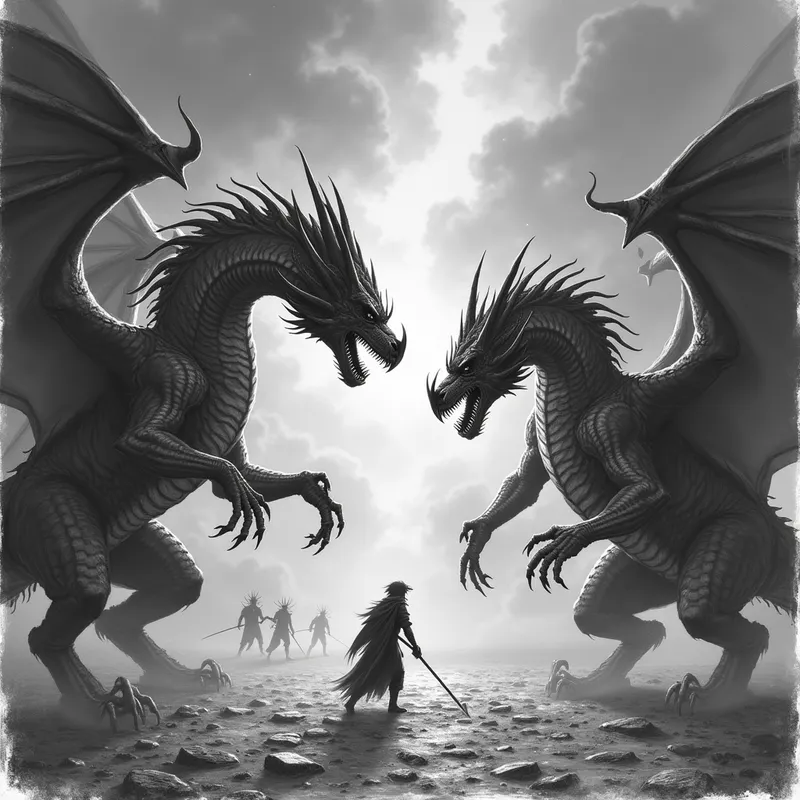 Dragons' Battle: Good vs Evil - armies of dragons fighting each other good vs evil - AI image generated with Photorealistic 2 - pencil drawing, night lighting, dynamic pose