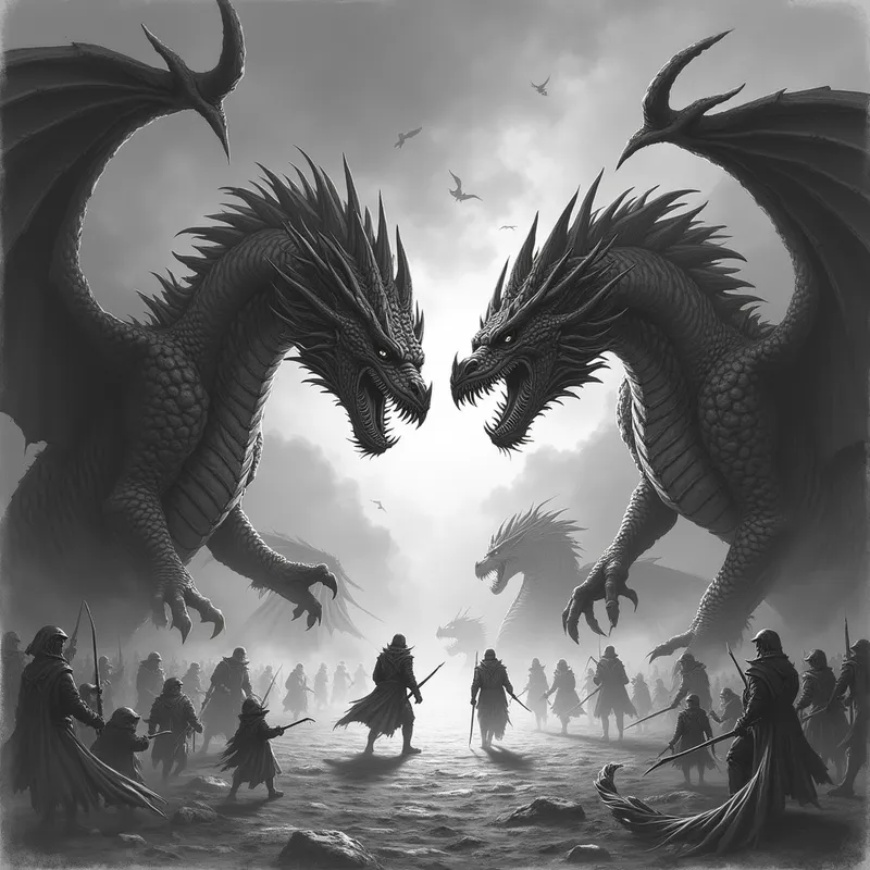 Dragons' Battle: Good vs Evil - armies of dragons fighting each other good vs evil - AI image generated with Photorealistic 2 - pencil drawing, night lighting, dynamic pose